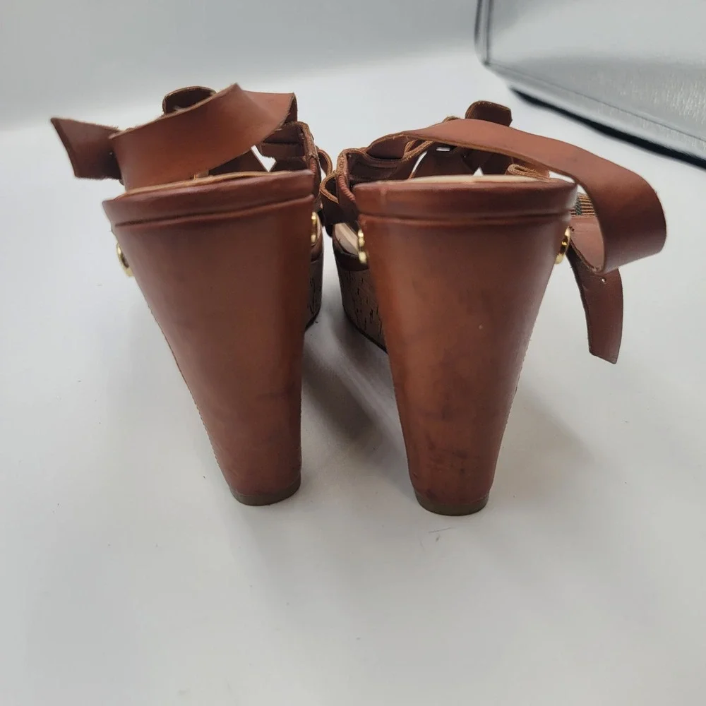 Guess Womens Cognac Brown Leather Strappy Cork Boho Platform Wedge Sandals